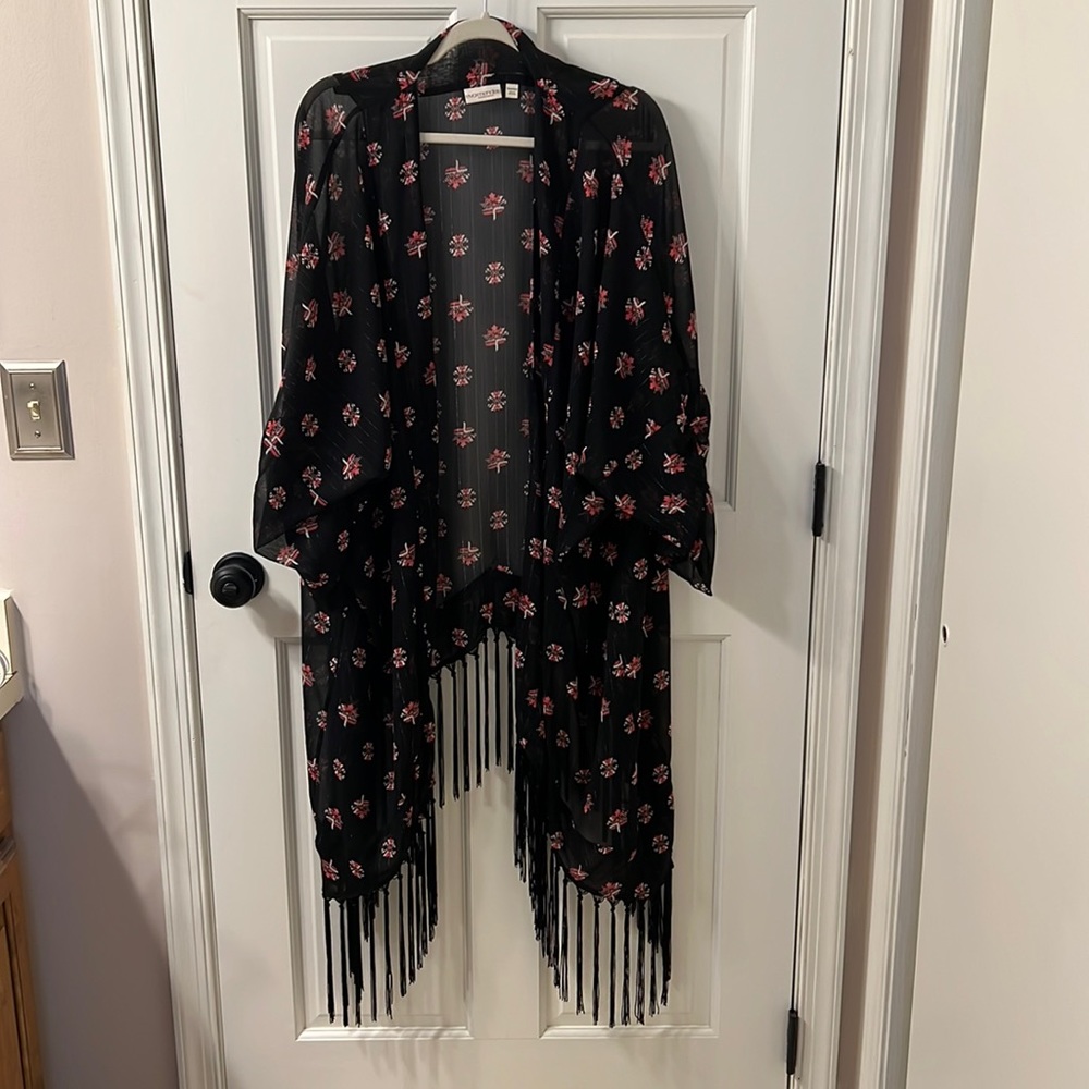 Eva Mendes One Size Black sheer coverup with fringe and pink and white pattern